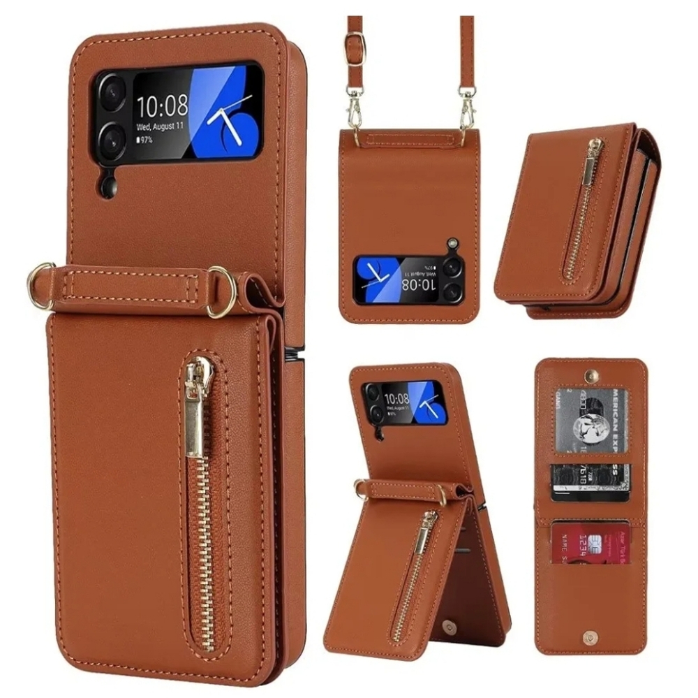 Samsung Galaxy Z Flip 4 Zipper Wallet Phone Case Kickstand Card Holder Strap EUC